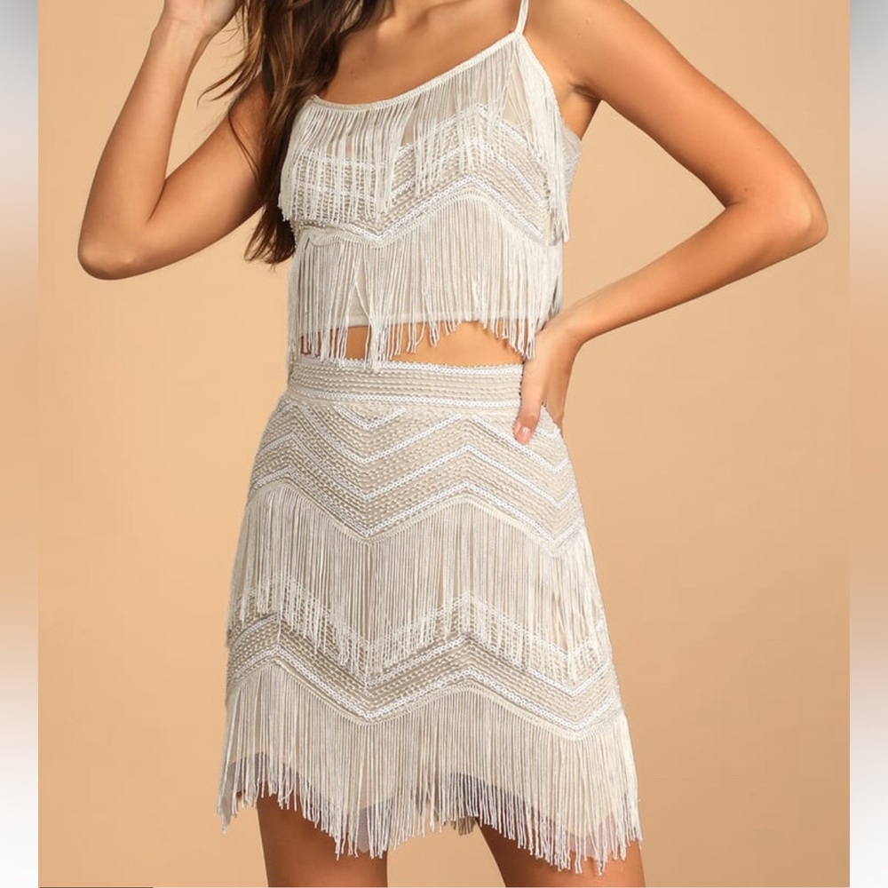 Lulus Soiree of the Decade White Sequin Fringe Two-Piece Mini Dress - Size S